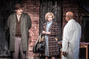L-R George Khan (Ayub Khan Din), Ella Khan (Jane Horrocks) and Doctor (Karl Seth) in East is East, photo credit Marc Brenner